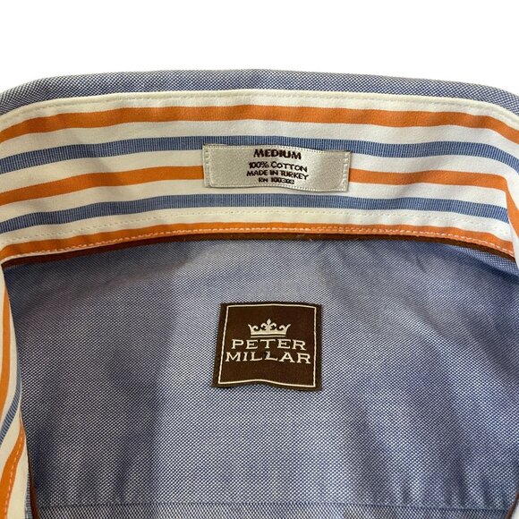 Peter Millar Mens Medium Blue Oxford Shirt With Striped Flip Cuffs - Picture 2 of 3